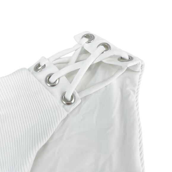 Becca Ribbed Daniella Corset Side Hipster Bikini Bottom Size Medium White NWT - Picture 7 of 7